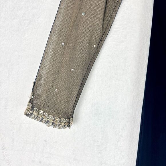 Xscape Noah Illusion Long Sleeve Lace Matte Jersey Gown Ruched Size 6 Navy Gold - Picture 10 of 16